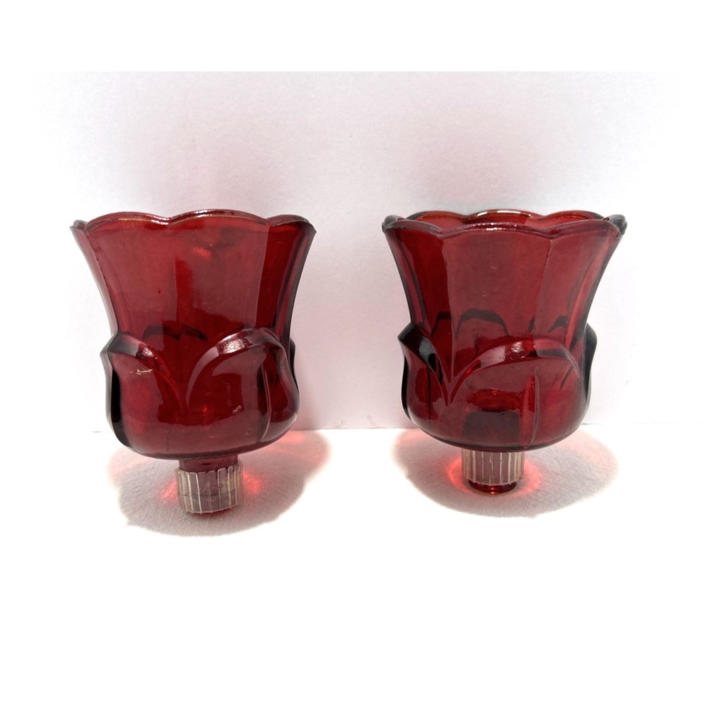 Vintage Red Glass Lotus Tulip Peg Votive Candle Holders Set of 2 Flash Painted